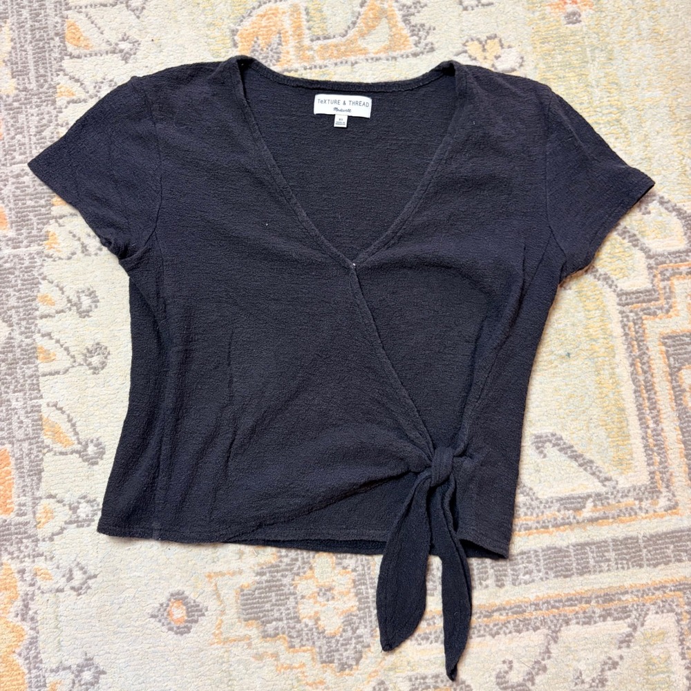 Madewell black cross front tie blouse top tshirt short sleeve xs - Picture 2 of 8